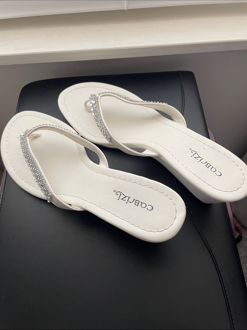 White Rhinestone Thong Sandals